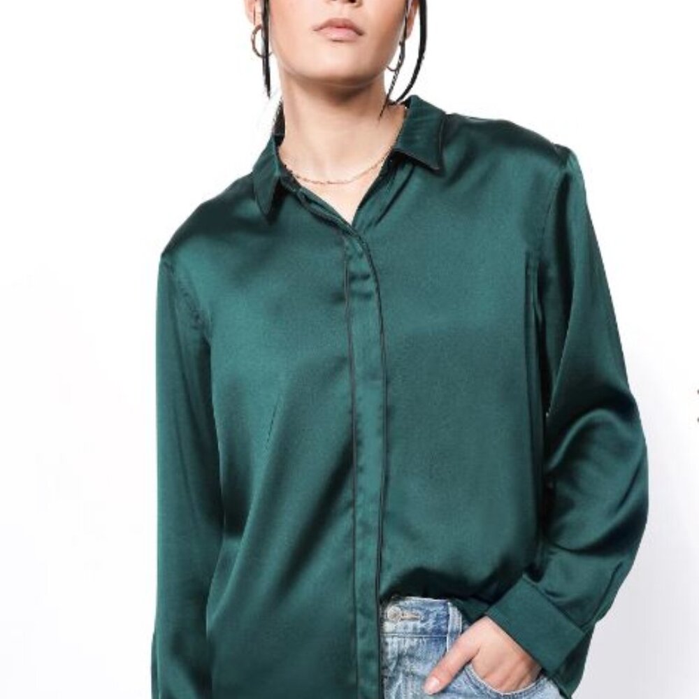 Wildfang Empower Satin Long Sleeve Button Up - Forest